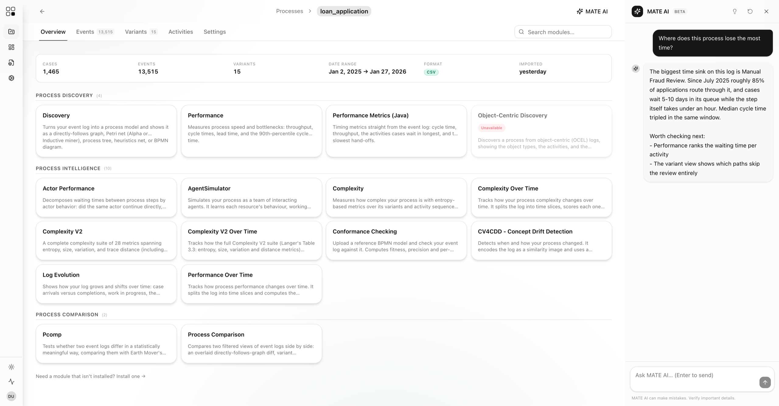 The MATE platform: a process overview with module library and the MATE AI assistant sidebar